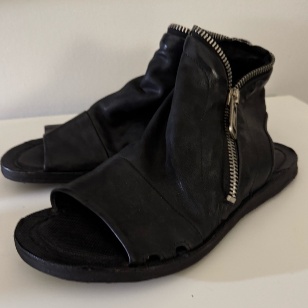 A.S.98 Black Leather Zip-Front Open-Toe Sandals
